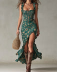 Bohemian Groene Geprinte Maxi-jurk met Rimpel Mouwen