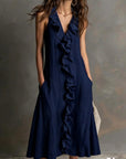 Dames Effen Kleur Mouwloze V-Hals Flared Ruffle Jurk