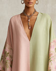 Groene en Roze Kleur-Block Bloem-Trim Midi Jurk