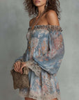 Romane | Mini Jurk van Geplooide Mousseline met Off-Shoulder en Romantische Bloemen