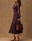 Elegante Paarse Matte Satijnen Kanten Lange Mouw Bodycon Midi Jurk