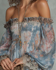 Romane | Mini Jurk van Geplooide Mousseline met Off-Shoulder en Romantische Bloemen