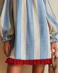 Ondine | Mini Gestreepte Blauw en Witte Jurk met Schouderloze Mouwen en Contrasterende Zoom