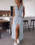 Mia - Denim Jurk Maxi met Tailleceintuur en Knopen