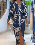 Unieke Print Dolman Lange Mouwen Rimpel Split Midi Jurk