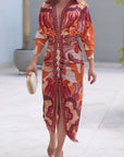 Unieke Print Dolman Lange Mouwen Rimpel Split Midi Jurk