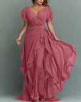 Maxi-jurk van chiffon met V-hals, effen kleur en ruches