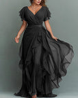 Maxi-jurk van chiffon met V-hals, effen kleur en ruches
