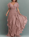 Maxi-jurk van chiffon met V-hals, effen kleur en ruches