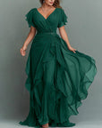 Maxi-jurk van chiffon met V-hals, effen kleur en ruches