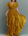 Maxi-jurk van chiffon met V-hals, effen kleur en ruches