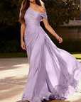 Maxi-jurk van geplooide chiffon met één schouder