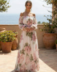 Witte maxi-jurk van chiffon met roze rozenprint en blote schouders