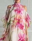 Roze chiffon maxi-jurk met bloemenprint, halternek en off-shoulder