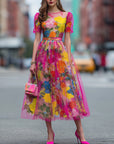Aquarel Bloemen Tule Midi Jurk
