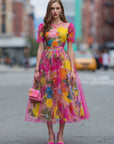 Aquarel Bloemen Tule Midi Jurk