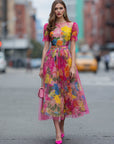 Aquarel Bloemen Tule Midi Jurk
