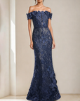 Off-shoulder maxi-jurk met kanten borduursel en fishtail