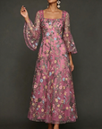 Chiffon maxi-jurk met kanten borduursel, vierkante hals en getailleerde taille