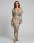 Coralie | Abstracte print Midi-jurk met V-hals en getailleerde taille