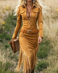 Vintage Western Kraag Rits Kwast Midi Jurk (Zonder riem)