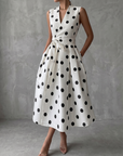 Zwart-witte klassieke polka dot Franse mouwloze midi-jurk