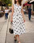 Zwart-witte klassieke polka dot Franse mouwloze midi-jurk