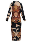Unieke Print Dolman Lange Mouwen Rimpel Split Midi Jurk