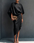 Khaki Draped Asymmetrische Midi-jurk met Korte Mouwen