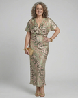 Coralie | Abstracte print Midi-jurk met V-hals en getailleerde taille