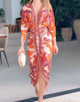 Unieke Print Dolman Lange Mouwen Rimpel Split Midi Jurk