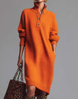Oranje Colbert Knopen-Voorkant Gebreide Midi Jurk