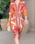 Unieke Print Dolman Lange Mouwen Rimpel Split Midi Jurk