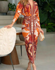 Unieke Print Dolman Lange Mouwen Rimpel Split Midi Jurk