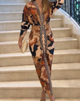 Unieke Print Dolman Lange Mouwen Rimpel Split Midi Jurk