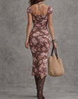 Zoete Hart Nek Puff Mouw Bodycon Midi Jurk Met Splits