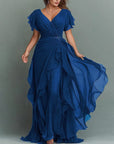 Maxi-jurk van chiffon met V-hals, effen kleur en ruches