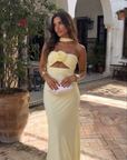 Gardenia Jurk — Maxi Halter met Rozen Corsage