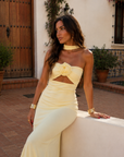 Gardenia Jurk — Maxi Halter met Rozen Corsage