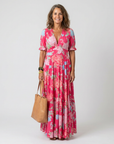 Ione | Mouwloze midi-jurk met bloemen en V-hals