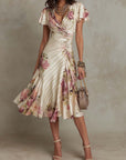 Elegante vintage bloemen satijnen midi-jurk