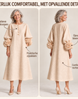 Beige Bloemen Knopen Midi Jurk Met Opvallende Bloemen Mouwen