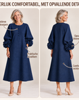 Marineblauwe Bloemen Button-down Midi-jurk Met Opvallende Bloemenmanchetten