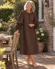 Chocoladebruine Bloemen Knopen Midi Jurk Met Opvallende Bloemen Manchetten