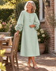 Sage Mist Bloemen Knop-down Midi Jurk Met Opvallende Bloemen Manchetten