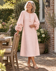 Roze Bloemen Knop-down Midi Jurk Met Opvallende Bloemenmanchetten