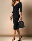 Zwarte V-hals taille-tie slim-fit midi jurk