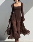 Vintage Vierkante Hals Doorzichtige Mouwen Flare Midi Jurk