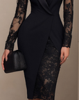 Zwarte Blazer-Stijl Kant Midi Jurk