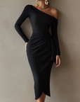 Zwarte Een-Schouder Drapé Bodycon Midi Jurk